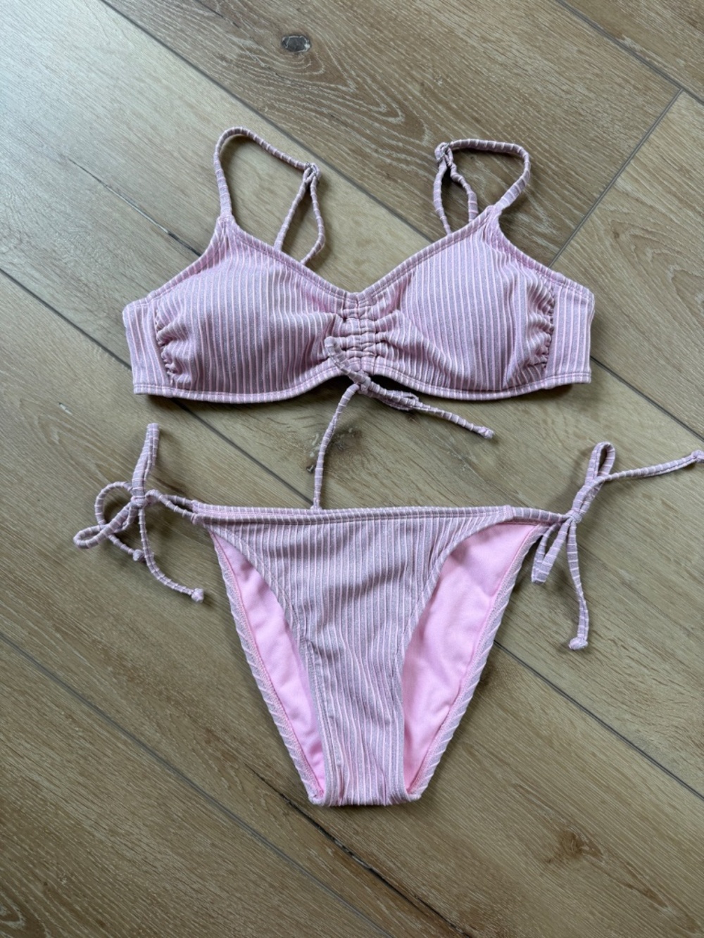 Xhilaration Pink and Silver Ribbed Bikini Set Top (size L)/Tie Bottoms (size M)